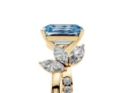 Fancy Blue Emerald Cut Diamond Floral Vine Solitaire Engagement Ring Set in Yellow gold with Marquise Leaves