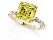 Fancy Yellow Asscher Cut Diamond Prong Set Engagement Ring Set in Yellow gold with Round Accent Pavé Band