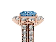 Fancy Blue Radiant Cut Diamond Halo Engagement Ring Set in Rose gold with Split Shank and Prong Setting