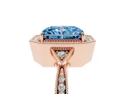 Fancy Blue Radiant Cut Diamond Halo Engagement Ring Set in Rose gold with Milgrain Pavé Band