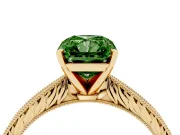 Fancy Green Radiant Cut Diamond Solitaire Milgrain Engraved Band Set in Yellow gold with Prong Setting