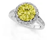 Fancy Yellow Round Cut Diamond Floral Halo Ring Set in White gold with Pavé Band and Prong Setting