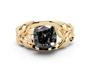 Cushion Cut Leaf Bypass Engagement Ring Setting for a Black Center | Pavé Leaf Accents | Yellow Gold