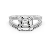 Asscher Cut Diamond Split Shank Ring Set in Silver with Pavé Band and Prong Setting