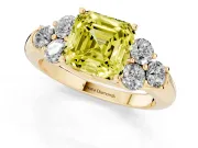 Fancy Yellow Asscher Cut Diamond Cluster Ring Set in Yellow gold with Round Accent Stones and Prong Setting on a Plain Band