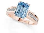 Fancy Blue Emerald Cut Diamond Solitaire Ring Set in Rose gold with Channel-Set Band and Prong Setting
