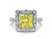Fancy Yellow Princess Cut Diamond Halo Milgrain Pavé Ring Set in Platinum with Prong Setting