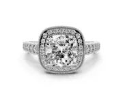Cushion Cut Milgrain Halo Engagement Ring Setting | Graduated Bezel Accents | Sterling Silver