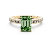 Fancy Green Emerald Cut Diamond Solitaire Set in Yellow gold with Round Pavé Band and Prong Setting