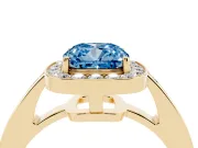 Fancy Blue Cushion Cut Diamond Halo Pavé Engagement Ring Set in Yellow gold with Bezel Setting