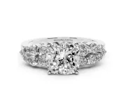 Cushion Cut Diamond Cluster Engagement Ring Set in Silver with Pavé Band and Prong Setting