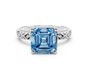 Fancy Blue Asscher Cut Diamond Solitaire Ring Set in White gold with Milgrain and Black Enamel X Pattern Band