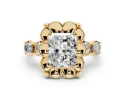 Radiant Cut Diamond Floral Halo Ring Set in Yellow gold with Shared Prong Band