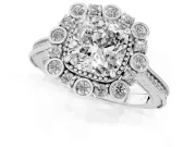 Cushion Cut Diamond Halo Milgrain Pavé Ring Set in Silver with Prong Setting