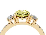 Fancy Yellow Oval Cut Diamond Three-Stone Ring Set in Yellow gold with Pavé Band and Graduated Sides