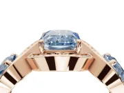 Radiant Cut Three Stone Halo Engagement Ring Setting for a Fancy Blue Lab-Grown Diamond | Pavé Wave Band | Rose Gold