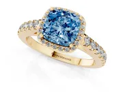 Cushion Cut Halo Pavé Engagement Ring Setting for a Fancy Blue Lab-Grown Diamond | Yellow Gold