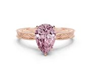 Fancy Pink Pear Cut Diamond Solitaire Milgrain Engraved Band Set in Rose gold with Prong Setting