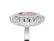 Fancy Pink Oval Cut Diamond Halo Ring Set in White gold with Milgrain Edge and Round Prong Setting