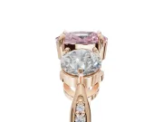 Cushion Cut Three Stone Engagement Ring Setting for a Fancy Pink Lab-Grown Diamond | Tapered Pave Band | Rose Gold