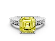 Fancy Yellow Asscher Cut Diamond Solitaire Pavé Milgrain Engagement Ring Set in White gold with Prong Setting