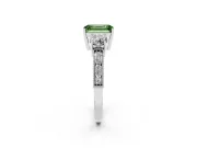 Fancy Green Emerald Cut Diamond Three-Stone Ring Set in Platinum with Round Side Stones and Pavé Band