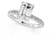 Emerald Cut Diamond Solitaire Set in White gold with Round Pavé Band and Prong Setting