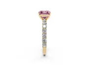 Fancy Pink Asscher Cut Diamond Solitaire Ring Set in Yellow gold with Shared Prong Pavé Band