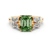 Fancy Green Emerald Cut Diamond Floral Cluster Ring Set in Yellow gold with Marquise Petals and Prong Setting