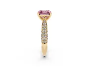 Fancy Pink Asscher Cut Diamond Solitaire Engagement Ring Set in Yellow gold with Multi-Row Round Pavé Band and Prong Setting