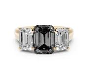 Fancy Black Emerald Cut Diamond Three-Stone Ring Set in Yellow gold with Plain Polished Band