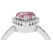 Fancy Pink Heart Cut Diamond Halo Engagement Ring Set in Platinum with Milgrain Detail and Pavé Band