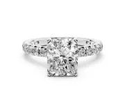 Radiant Cut Diamond Pavé Solitaire Ring Set in Platinum with Round Band and Prong Setting