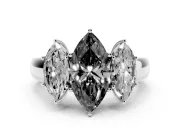 Fancy Black Three-Stone Marquise Cut Diamond Ring Set in Silver with Matching Prong Settings and Plain Band