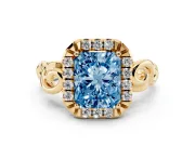 Fancy Blue Radiant Cut Diamond Halo Ring Set in Yellow gold with Scrollwork Band and Prong Setting
