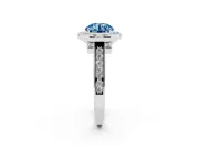 Fancy Blue Round Cut Diamond Halo Solitaire Ring Set in White gold with Pavé Band and Bezel Setting