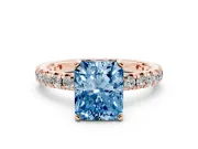 Fancy Blue Radiant Cut Diamond Pavé Solitaire Ring Set in Rose gold with Round Band and Prong Setting