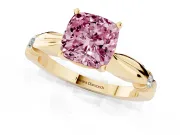 Fancy Pink Cushion Cut Diamond Solitaire Twisted Band Ring Set in Yellow gold with Accent Stones and Prong Setting