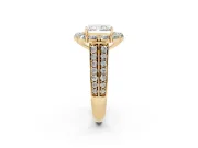 Radiant Cut Diamond Halo Engagement Ring Set in Yellow gold with Split Shank and Prong Setting