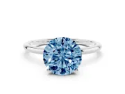 Fancy Blue Round Cut Diamond Solitaire Engagement Ring Set in White gold with Thin Band and Prong Setting