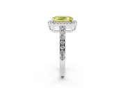 Fancy Yellow Emerald Cut Diamond Halo Ring Set in White gold with Delicate Pavé Band and Prong Setting