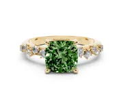 Fancy Green Cushion Cut Diamond Solitaire Vine Band Ring Set in Yellow gold with Round Accents and Prong Setting