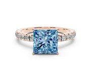 Princess Cut Pave Engagement Ring Setting for a Fancy Blue Lab-Grown Diamond | Shared Prong Band | Rose Gold