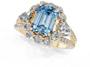 Emerald Cut Scalloped Halo Engagement Ring Setting for a Fancy Blue Lab-Grown Diamond | Pear Side Stones | Yellow Gold