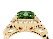 Fancy Green Princess Cut Diamond Halo Ring Set in Yellow gold with Scrollwork Band and Prong Setting