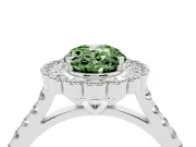 Fancy Green Oval Cut Diamond Milgrain Floral Halo Engagement Ring Set in White gold with Pavé Band