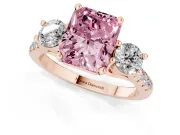 Fancy Pink Three-Stone Radiant Cut Diamond Pavé Band Ring Set in Rose gold with Prong-Set Trio