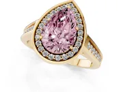 Fancy Pink Pear Cut Diamond Halo Solitaire Ring Set in Yellow gold with Pavé Band and Bezel Setting