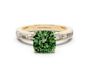 Fancy Green Cushion Cut Diamond Solitaire Ring Set in Yellow gold with Channel-Set Baguette Band and Prong Setting