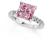 Fancy Pink Princess Cut Diamond Pavé Solitaire Ring Set in Silver with Round Band and Prong Setting